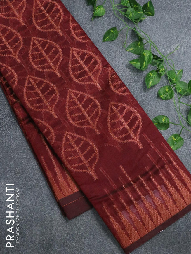 Banarasi cotton saree maroon with copper zari woven leaf buttas and temple zari woven border - {{ collection.title }} by Prashanti Sarees