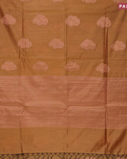 Banarasi cotton saree mustard shade with copper zari woven buttas and piping border - {{ collection.title }} by Prashanti Sarees