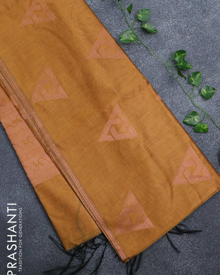 Banarasi cotton saree mustard yellow with copper zari woven geometric buttas and piping border - {{ collection.title }} by Prashanti Sarees