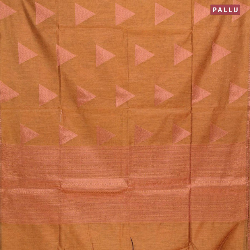 Banarasi cotton saree mustard yellow with copper zari woven geometric buttas and piping border - {{ collection.title }} by Prashanti Sarees