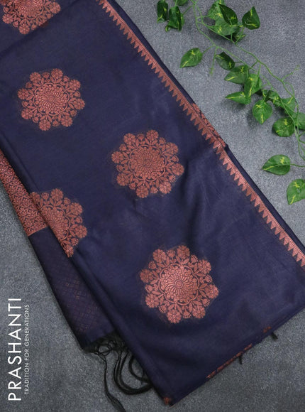 Banarasi cotton saree navy blue with copper zari woven buttas and piping border - {{ collection.title }} by Prashanti Sarees