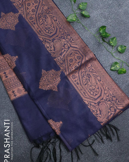 Banarasi cotton saree navy blue with copper zari woven buttas and piping border - {{ collection.title }} by Prashanti Sarees