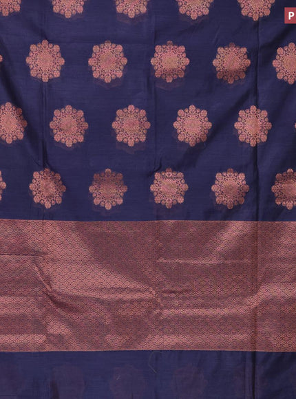 Banarasi cotton saree navy blue with copper zari woven buttas and piping border - {{ collection.title }} by Prashanti Sarees