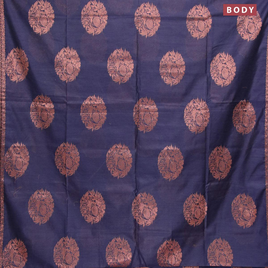 Banarasi cotton saree navy blue with copper zari woven floral buttas and piping border - {{ collection.title }} by Prashanti Sarees