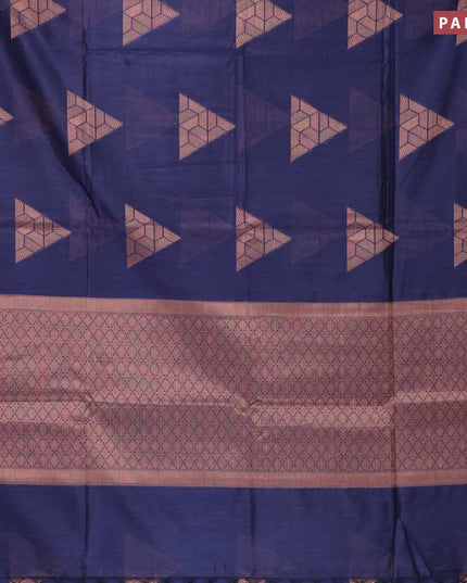 Banarasi cotton saree navy blue with copper zari woven geometric buttas and piping border - {{ collection.title }} by Prashanti Sarees