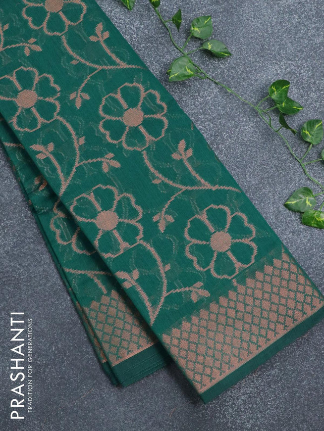 Banarasi cotton saree peacock green with allover copper zari woven floral weaves and zari woven border - {{ collection.title }} by Prashanti Sarees