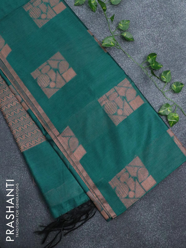 Banarasi cotton saree peacock green with copper zari woven box type buttas and piping border - {{ collection.title }} by Prashanti Sarees