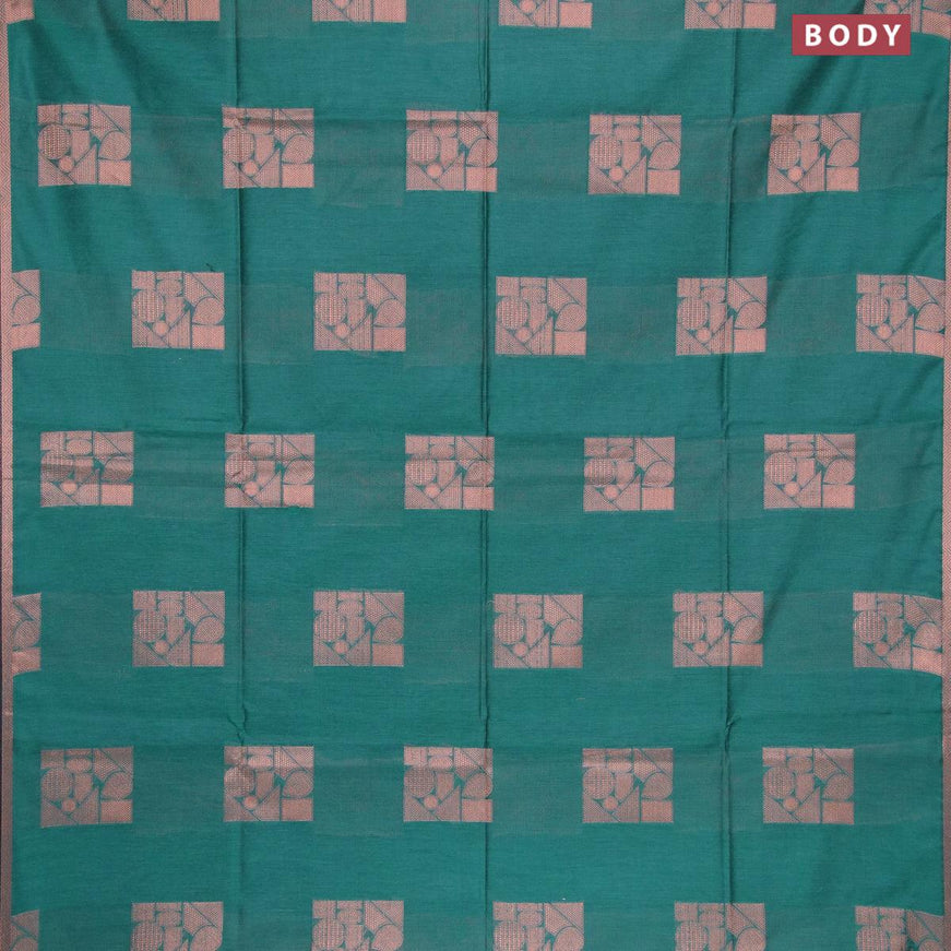 Banarasi cotton saree peacock green with copper zari woven box type buttas and piping border - {{ collection.title }} by Prashanti Sarees