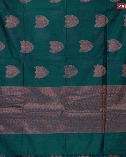 Banarasi cotton saree peacock green with copper zari woven buttas and piping border - {{ collection.title }} by Prashanti Sarees