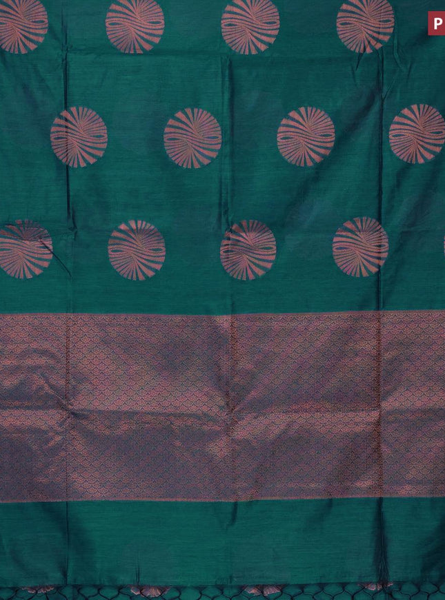 Banarasi cotton saree peacock green with copper zari woven buttas and piping border - {{ collection.title }} by Prashanti Sarees