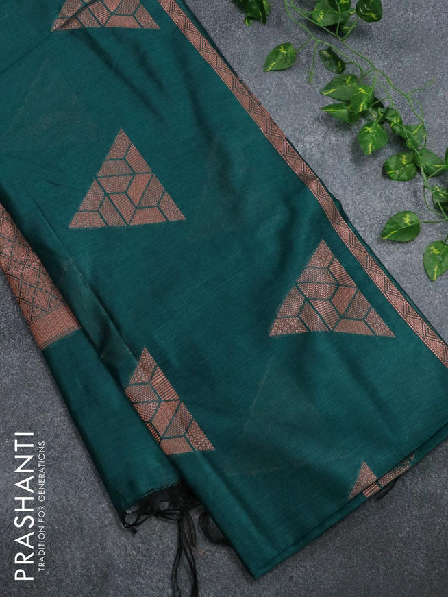 Banarasi cotton saree peacock green with copper zari woven geometric buttas and piping border - {{ collection.title }} by Prashanti Sarees