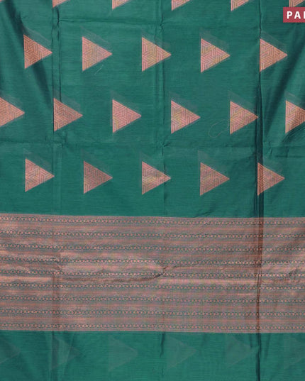 Banarasi cotton saree peacock green with copper zari woven geometric buttas and piping border - {{ collection.title }} by Prashanti Sarees