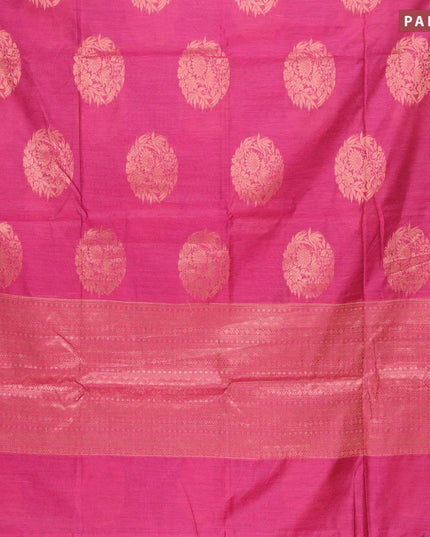 Banarasi cotton saree pink with copper zari woven floral buttas and piping border - {{ collection.title }} by Prashanti Sarees