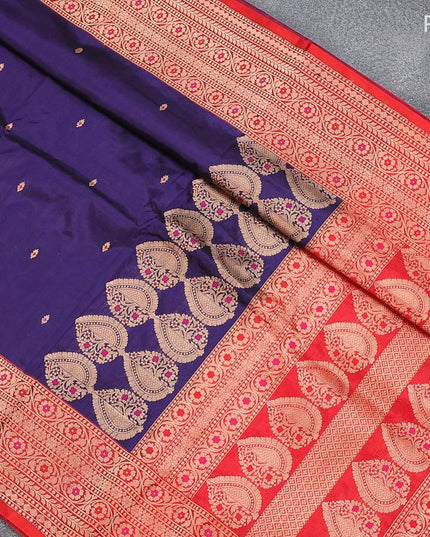 Banarasi katan silk saree blue and red with zari woven buttas and floral design zari woven border - {{ collection.title }} by Prashanti Sarees