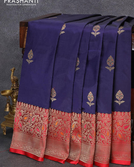 Banarasi katan silk saree dark blue and red with zari woven buttas and zari woven border - {{ collection.title }} by Prashanti Sarees