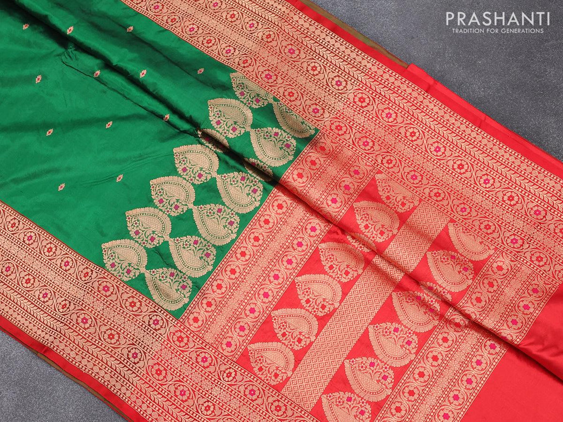 Banarasi katan silk saree green and red with zari woven buttas and floral design zari woven border - {{ collection.title }} by Prashanti Sarees