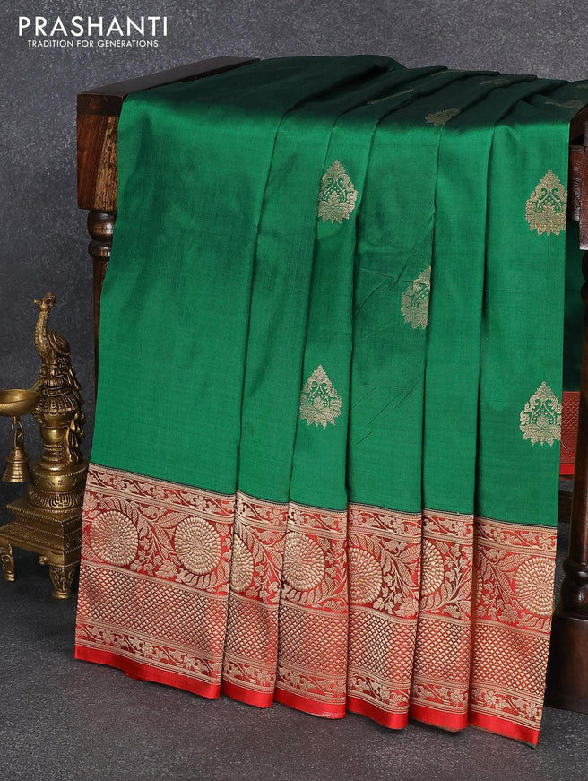 Banarasi katan silk saree green and red with zari woven buttas and floral zari woven border - {{ collection.title }} by Prashanti Sarees