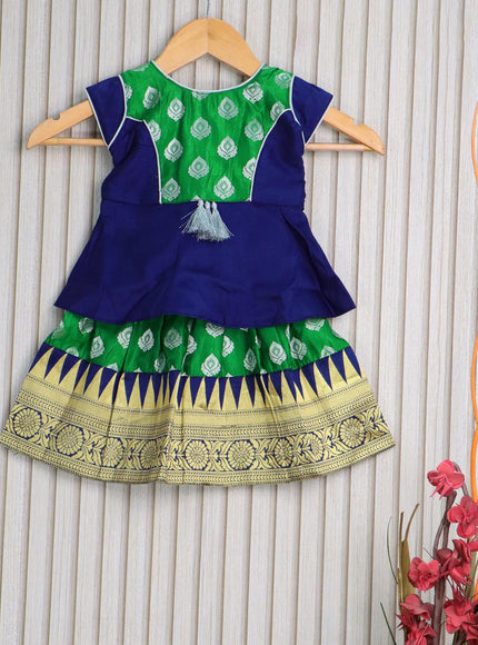 Banarasi kids lehanga blue and dark green with patch work neck pattern and butta weaves & temple design zari border for 0 year - {{ collection.title }} by Prashanti Sarees