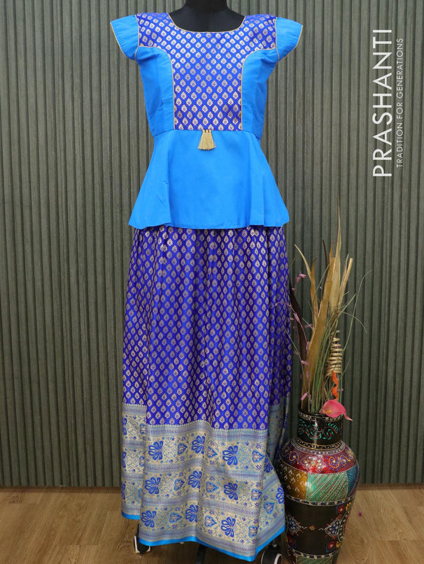Banarasi kids lehanga blue and light blue with patch work neck pattern and allover zari weaves & long floral border for 16 years - {{ collection.title }} by Prashanti Sarees
