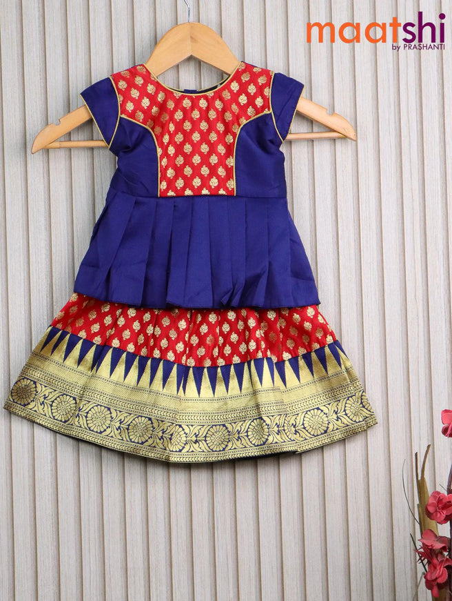 Banarasi kids lehanga blue and red with patch work neck pattern and allover butta weaves & temple design zari border for 0 year - {{ collection.title }} by Prashanti Sarees