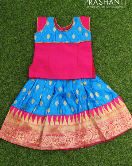 Banarasi kids lehanga candy pink and light blue with patch work neck pattern and allover zari buttas & temple design border for 0 year - {{ collection.title }} by Prashanti Sarees