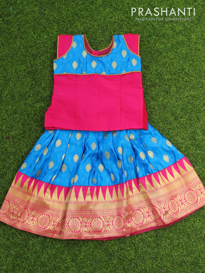 Banarasi kids lehanga candy pink and light blue with patch work neck pattern and allover zari buttas & temple design border for 0 year - {{ collection.title }} by Prashanti Sarees