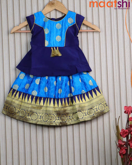 Banarasi kids lehanga dark blue and light blue with patch work neck pattern and delf emboss zari weaves & temple design border for 0 year - {{ collection.title }} by Prashanti Sarees