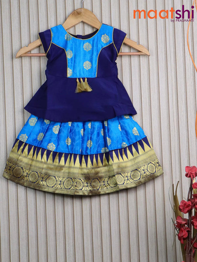 Banarasi kids lehanga dark blue and light blue with patch work neck pattern and delf emboss zari weaves & temple design border for 0 year - {{ collection.title }} by Prashanti Sarees