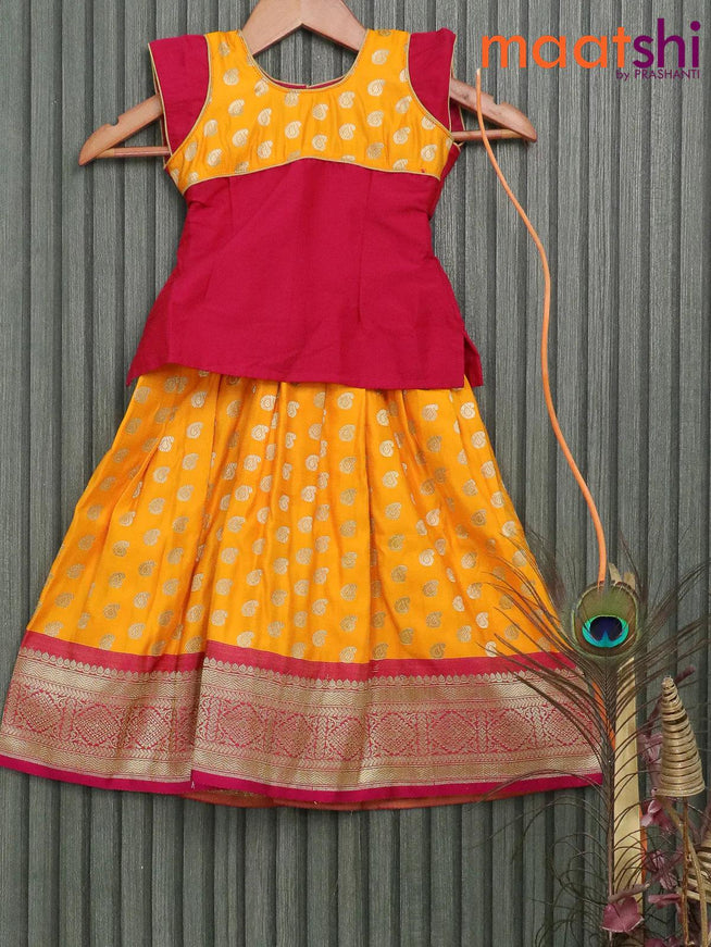 Banarasi kids lehanga dark pink and mango yellow with patch work neck pattern and paisley buttas & zari woven border for 3 years - {{ collection.title }} by Prashanti Sarees