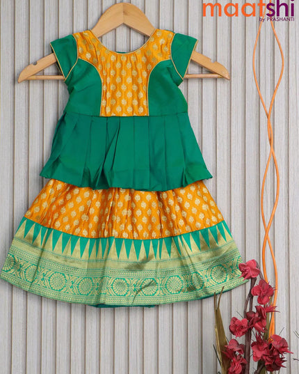 Banarasi kids lehanga dual shade of green and mango yellow with patch work neck pattern and allover butta weaves & temple design zari border for 0 year - {{ collection.title }} by Prashanti Sarees