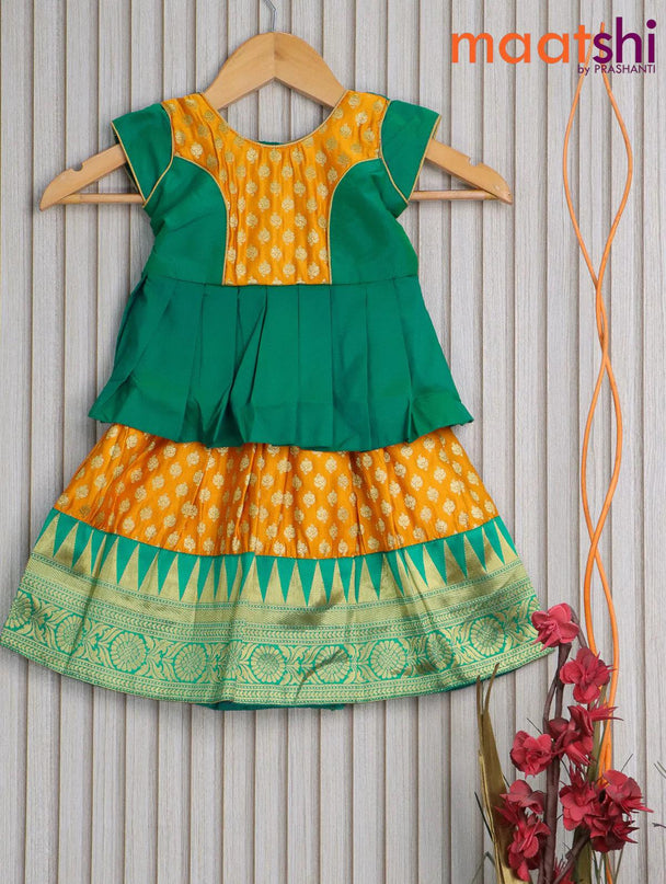Banarasi kids lehanga dual shade of green and mango yellow with patch work neck pattern and allover butta weaves & temple design zari border for 0 year - {{ collection.title }} by Prashanti Sarees