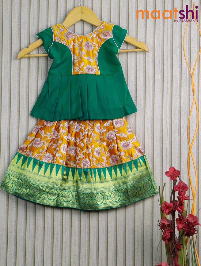 Banarasi kids lehanga dual shade of green and mango yellow with patch work neck pattern and self emboss zari buttas & temple design zari border for 0 year - {{ collection.title }} by Prashanti Sarees