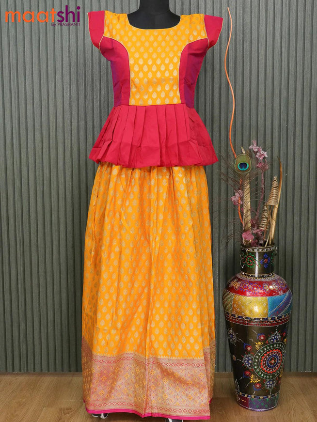 Banarasi kids lehanga dual shade of pink and mango yellow with patch work neck pattern and self emboss zari weaves & long zari border for 15 years - {{ collection.title }} by Prashanti Sarees