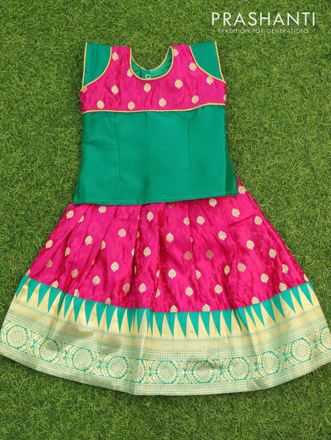 Banarasi kids lehanga green and magenta pink with patch work neck pattern with allover weaves & temple zari border for 1 years - {{ collection.title }} by Prashanti Sarees