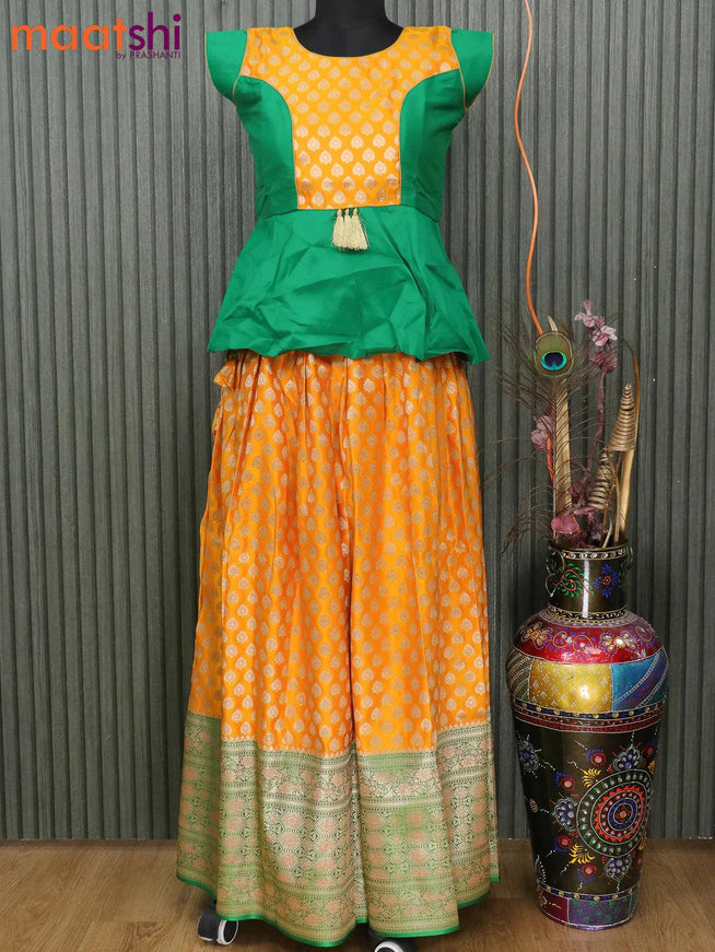 Banarasi kids lehanga green and mango yellow with patch work neck pattern and zari woven buttas & long zari border for 13 years - {{ collection.title }} by Prashanti Sarees