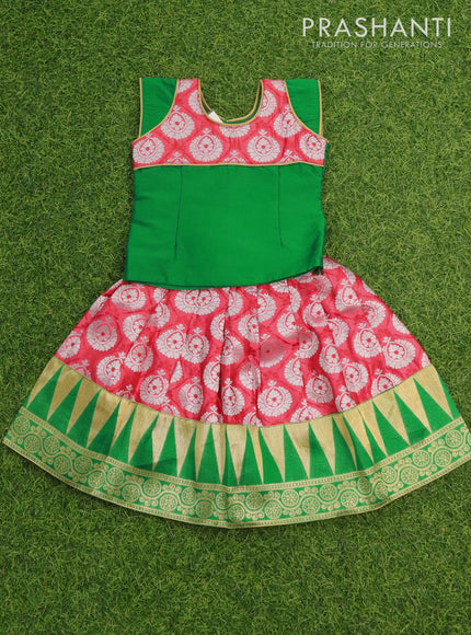 Banarasi kids lehanga green and pink shade with patch work neck pattern and allover zari buttas & temple zari border for 0 year - {{ collection.title }} by Prashanti Sarees