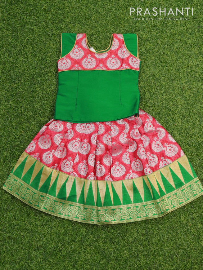 Banarasi kids lehanga green and pink shade with patch work neck pattern and allover zari buttas & temple zari border for 0 year - {{ collection.title }} by Prashanti Sarees