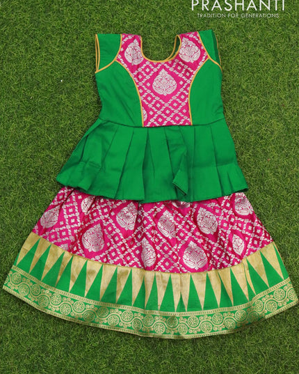 Banarasi kids lehanga green and pink with patch work neck pattern and allover silver zari weaves & temple border for 0 year - {{ collection.title }} by Prashanti Sarees