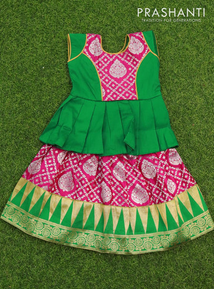 Banarasi kids lehanga green and pink with patch work neck pattern and allover silver zari weaves & temple border for 0 year - {{ collection.title }} by Prashanti Sarees
