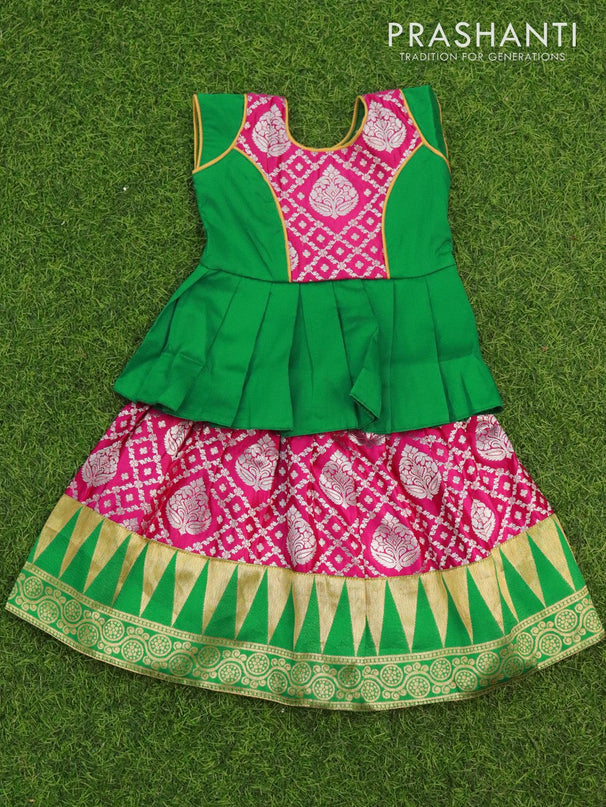 Banarasi kids lehanga green and pink with patch work neck pattern and allover silver zari weaves & temple border for 0 year - {{ collection.title }} by Prashanti Sarees