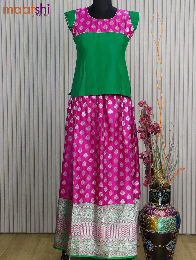 Banarasi kids lehanga green and pink with patch work neck pattern and self emboss zari buttas & long zari border for 13 years - {{ collection.title }} by Prashanti Sarees