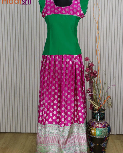 Banarasi kids lehanga green and pink with patch work neck pattern and self emboss zari buttas & long zari border for 14 years - {{ collection.title }} by Prashanti Sarees