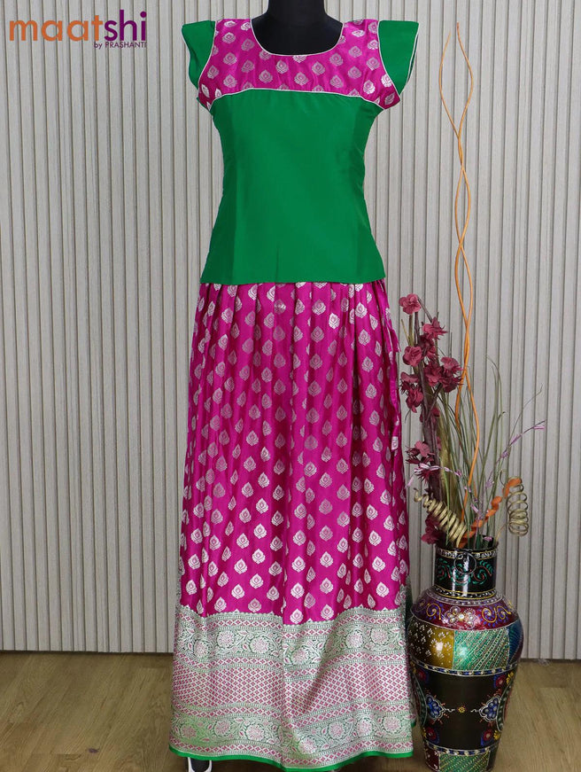 Banarasi kids lehanga green and pink with patch work neck pattern and self emboss zari buttas & long zari border for 14 years - {{ collection.title }} by Prashanti Sarees