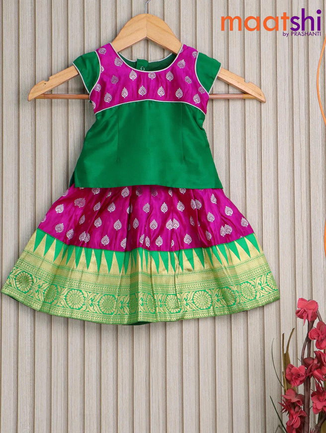 Banarasi kids lehanga green and pink with patch work neck pattern and silver zari buttas & zari woven border for 0 year - {{ collection.title }} by Prashanti Sarees
