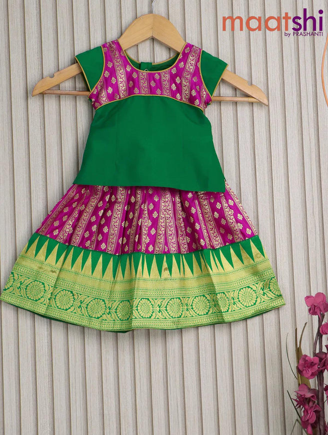 Banarasi kids lehanga green and pink with patch work neck pattern and zari weaves & temple design border for 0 year - {{ collection.title }} by Prashanti Sarees