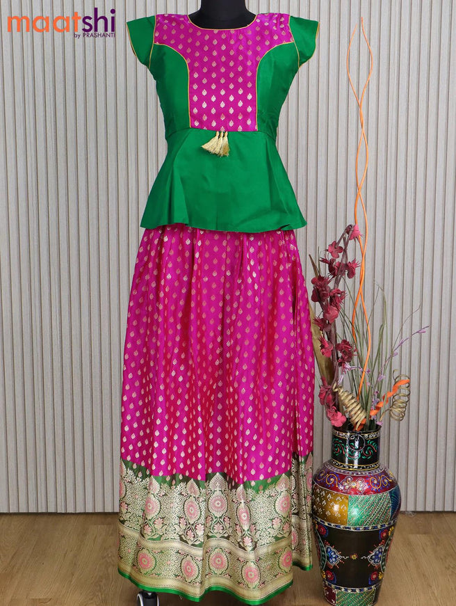 Banarasi kids lehanga green and pink with patch work neck pattern and zari woven butta weaves & long zari border for 13 years - {{ collection.title }} by Prashanti Sarees