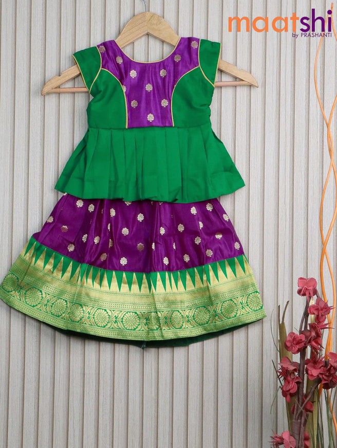 Banarasi kids lehanga green and purple with patch work neck pattern and allover butta weaves & temple design zari border for 0 year - {{ collection.title }} by Prashanti Sarees