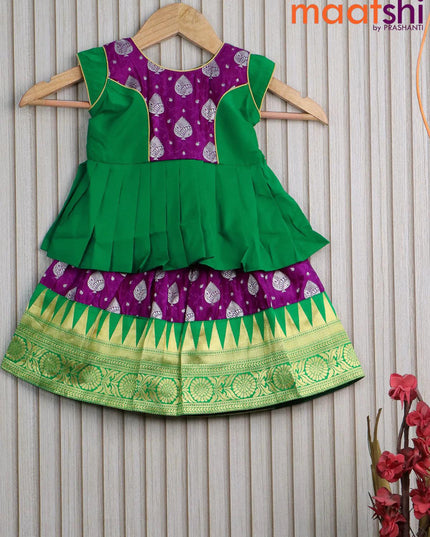 Banarasi kids lehanga green and purple with patch work neck pattern and self emboss zari buttas & temple design zari border for 0 year - {{ collection.title }} by Prashanti Sarees