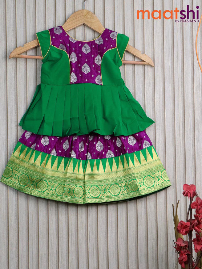 Banarasi kids lehanga green and purple with patch work neck pattern and self emboss zari buttas & temple design zari border for 0 year - {{ collection.title }} by Prashanti Sarees