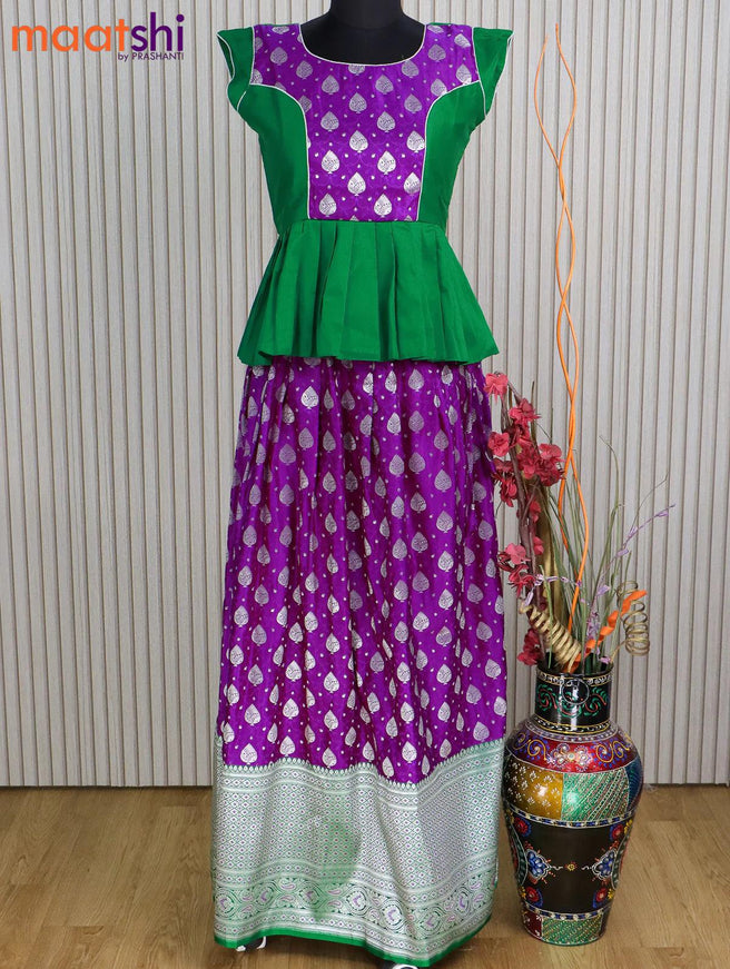 Banarasi kids lehanga green and purple with patch work neck pattern and self emboss zari weaves & long zari border for 14 years - {{ collection.title }} by Prashanti Sarees